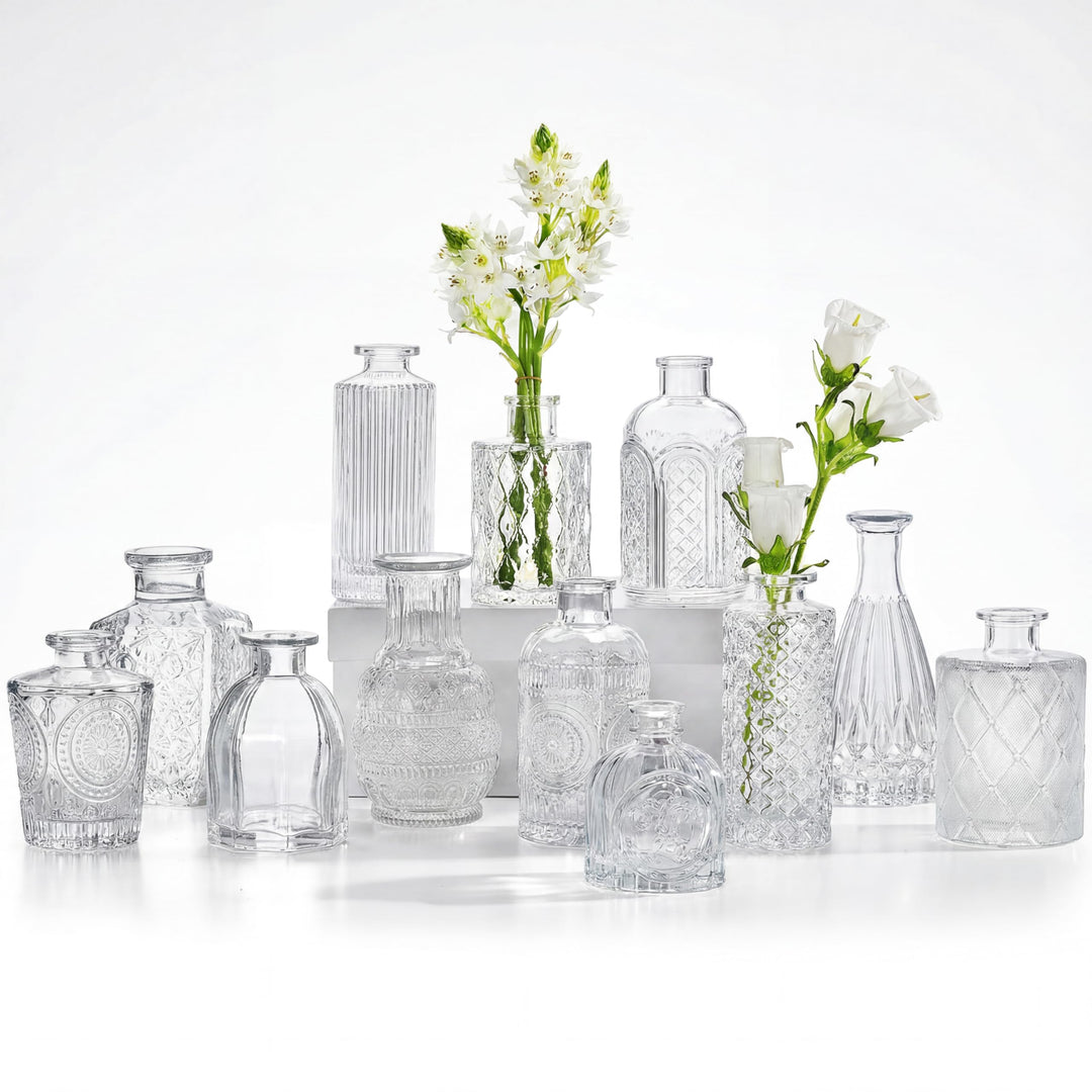 CUCUMI Glasvasen, Set mit 12 Stück, kleine Vasen für Tafelaufsätze, Vase für Blumen in Grosspackung