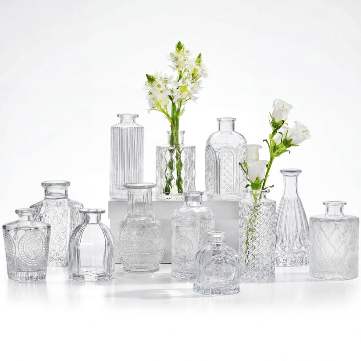 CUCUMI Glasvasen, Set mit 12 Stück, kleine Vasen für Tafelaufsätze, Vase für Blumen in Grosspackung