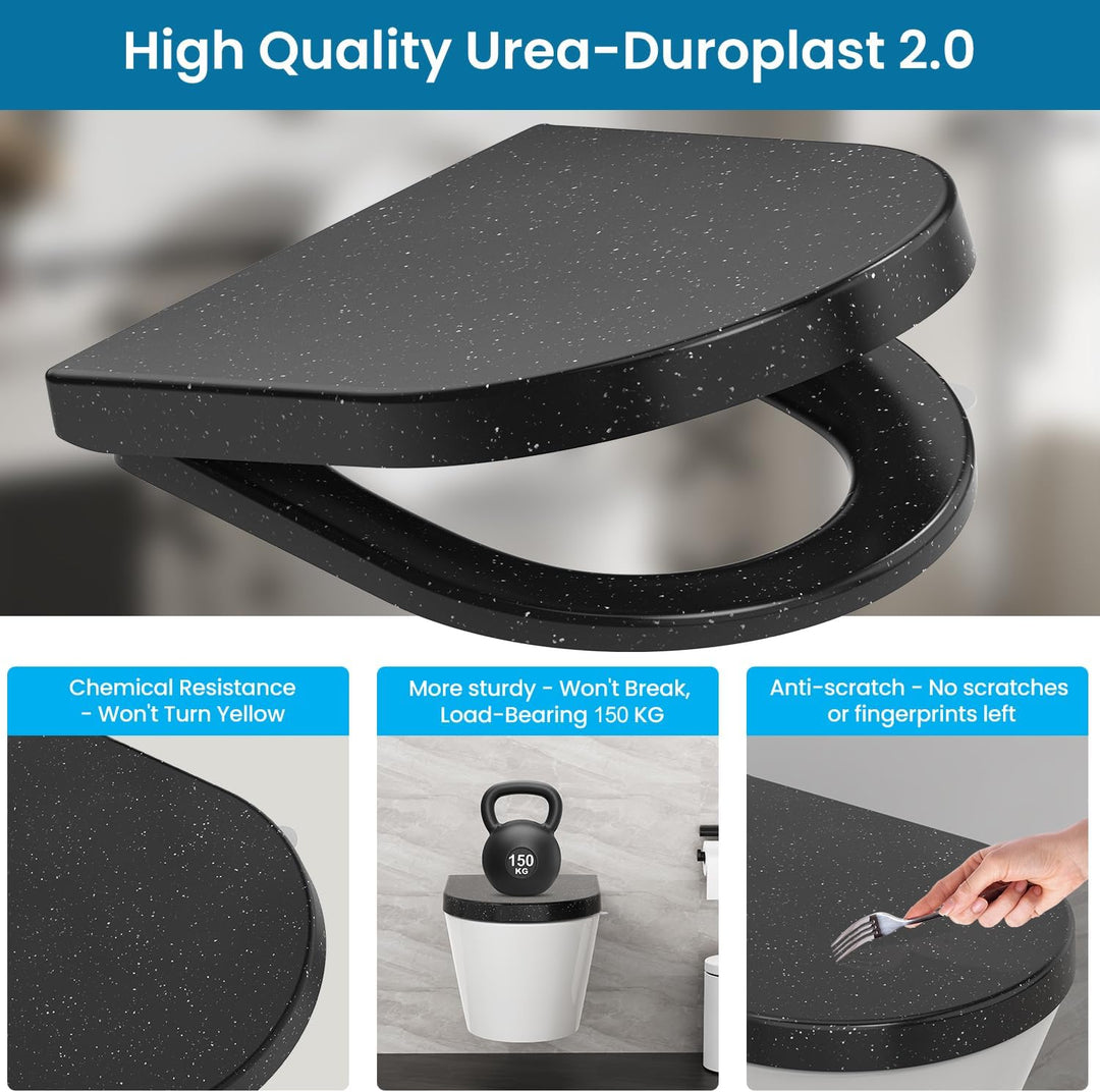 Toilettendeckel mit Absenkautomatik, WC Sitz D Form aus Duroplast, Schwarz Marmor Klodeckel mit Quic