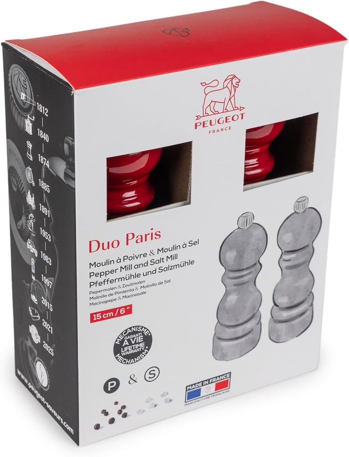 PEUGEOT – Duo Paris – Pfeffermühle + Salzmühle 15 cm – Klassische Einstellung – Aufbereitetes Holz m