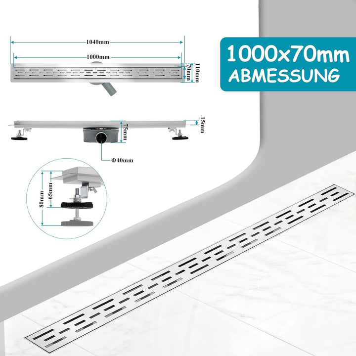 100 * 7cm Duschrinne 304 Edelstahl, Bodenablauf mit 360° Siphon Geruchsstop, Duschablauf mit 2 Ablau
