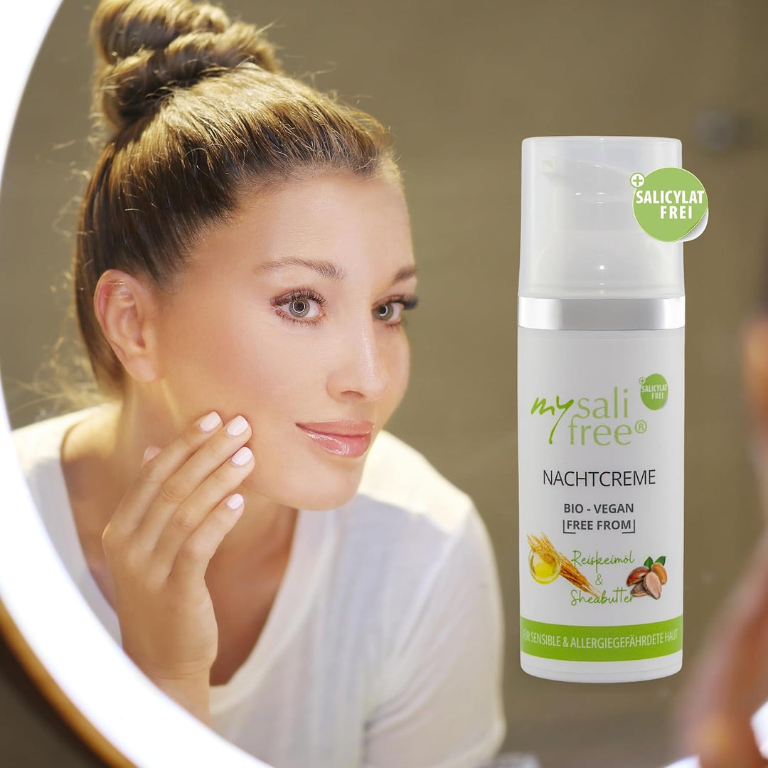 mysalifree BIO NACHTCREME, reichhaltige Feuchtigkeitspflege für sensible Haut mit Reiskeimöl und She