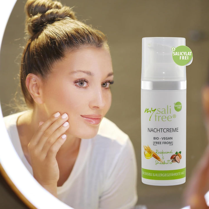 mysalifree BIO NACHTCREME, reichhaltige Feuchtigkeitspflege für sensible Haut mit Reiskeimöl und She