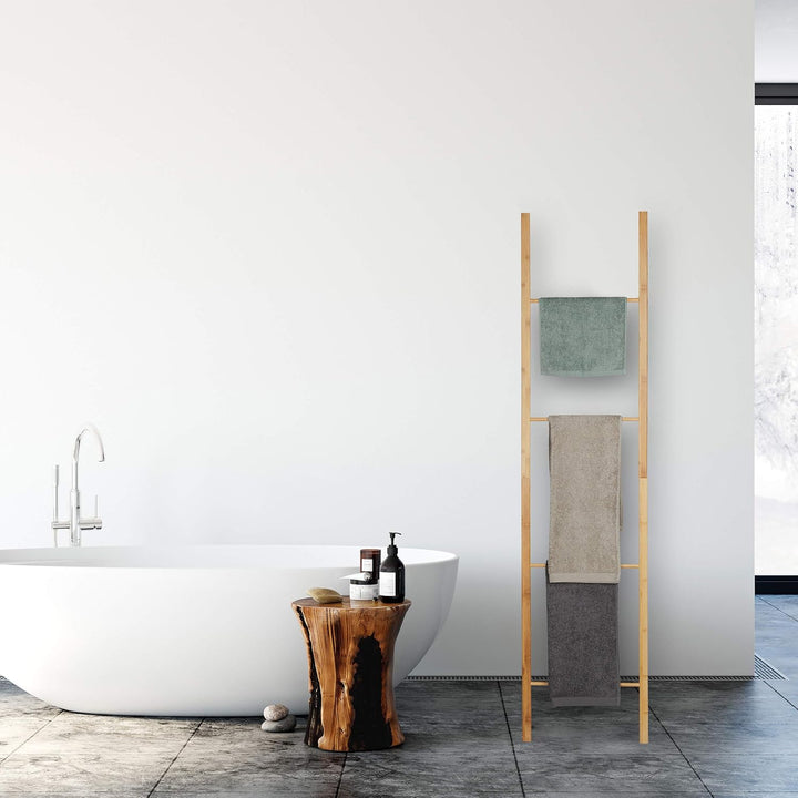 Relaxdays Bambus Handtuchleiter, klappbar, 4 Handtuchstangen, Handtuchständer zum Hinstellen, HBT 18