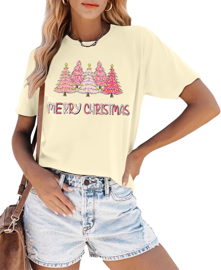 Weihnachts Tshirt Damen Merry Christmas T Shirt Xmas Tree Shirts A-cremefarben1 XL, A-cremefarben1 X