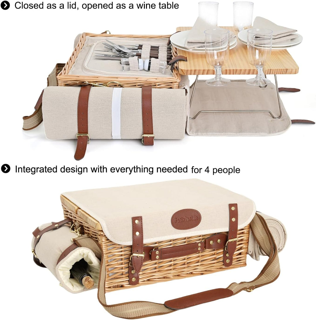 Multifunktionales Picknickkorb-Set aus Weidengeflecht für 4 Personen mit Decke und Picknicktisch, is