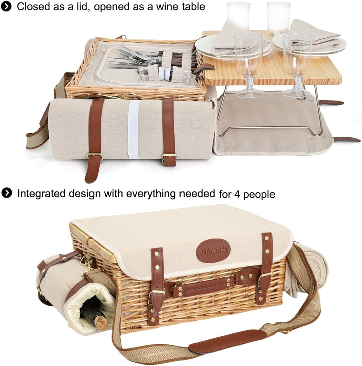 Multifunktionales Picknickkorb-Set aus Weidengeflecht für 4 Personen mit Decke und Picknicktisch, is