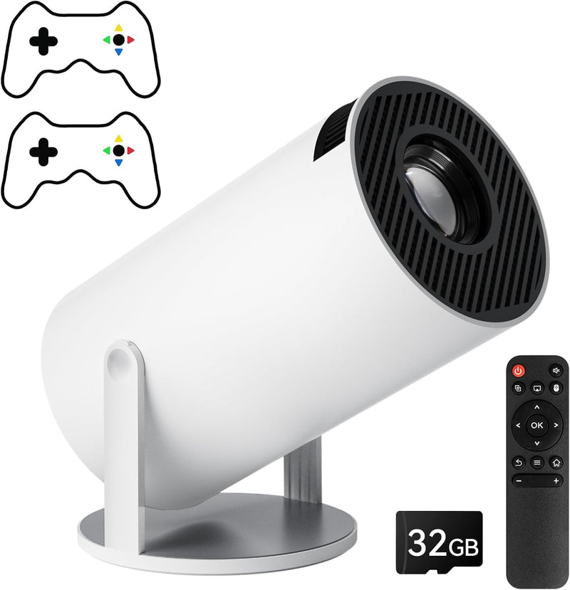 Qoosea Mini Beamer mit 2 Joystick 4K Bluetooth 5.2 Tragbarer Spiel Projektor 180° Drehbarer Android