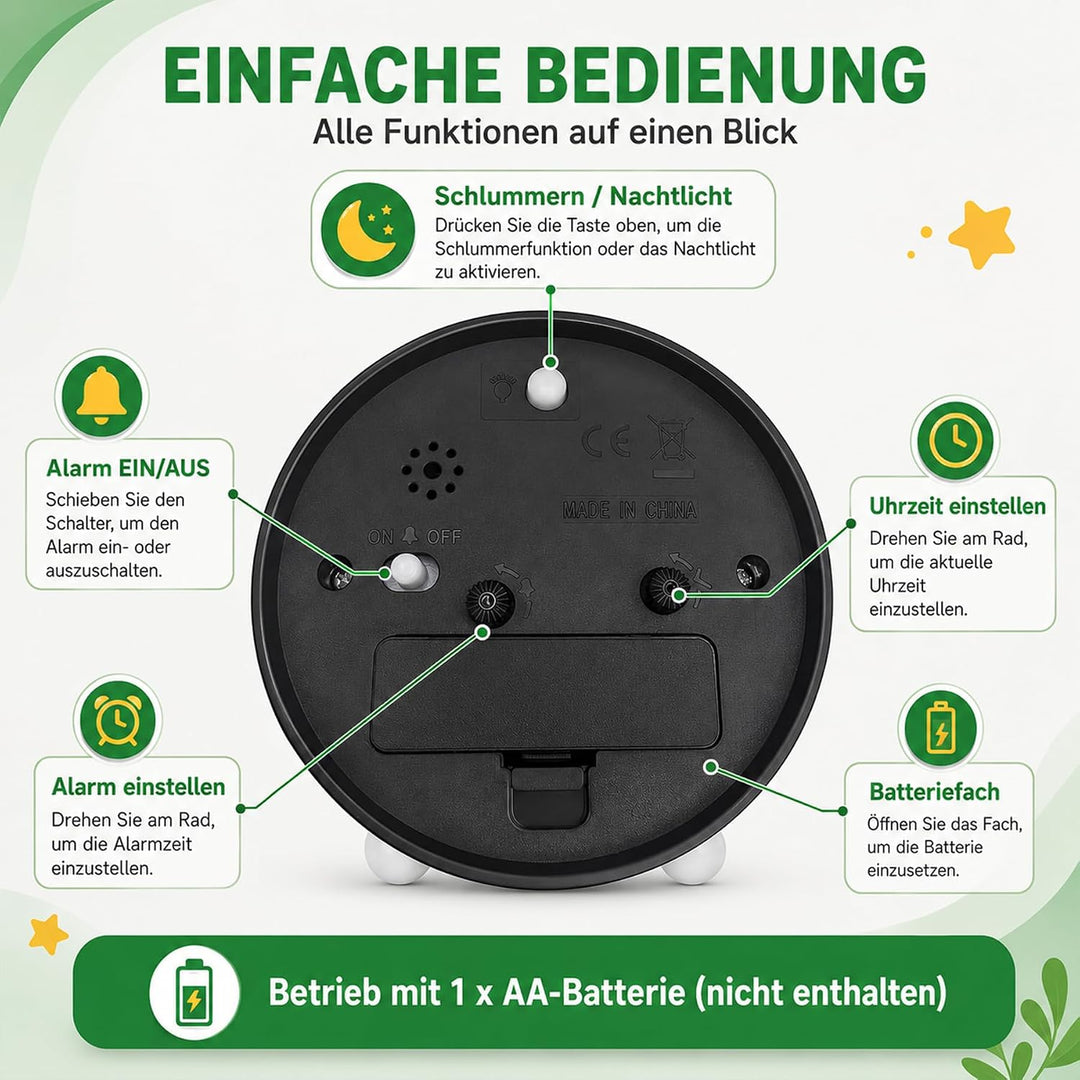 Sunshine Smile Dinosaurier Wecker mit Nachtlicht, Analog ohne Ticken, Lernwecker ohne Ticken, E-grün