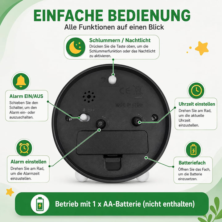 Sunshine Smile Dinosaurier Wecker mit Nachtlicht, Analog ohne Ticken, Lernwecker ohne Ticken, E-grün