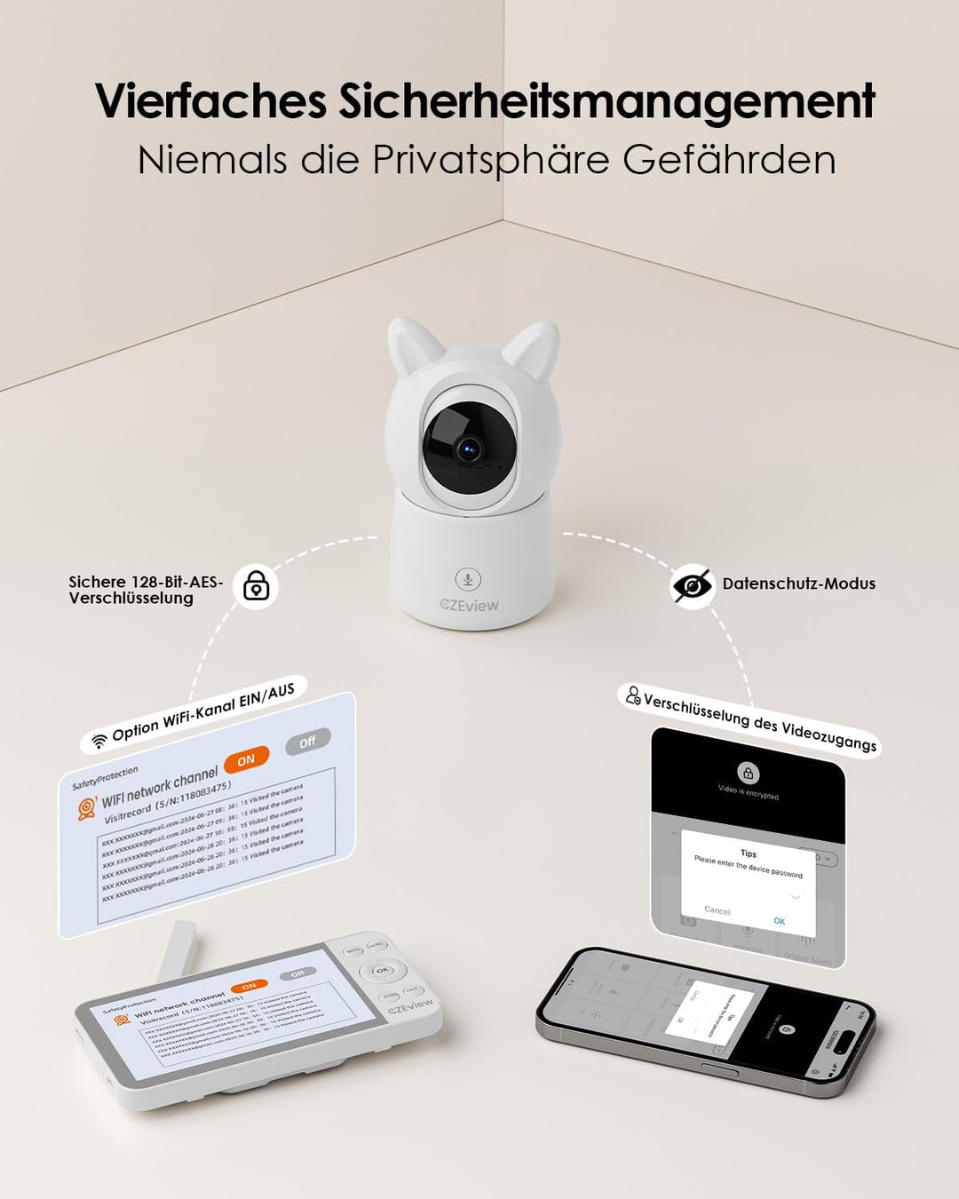 5.5" Babyphone mit Kamera und APP, 2K HD, Nachtlicht Ohren, Nachtsicht, WLAN Video Babyfon, Musik, B
