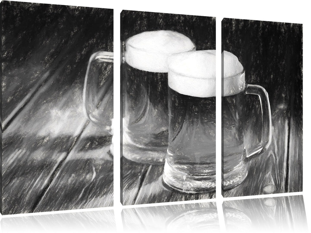 Pixxprint Zwei Masskrüge Bier als Leinwandbild/Grösse: 3 Teilig (120x80) cm/Wandbild/Kunstdruck/fert