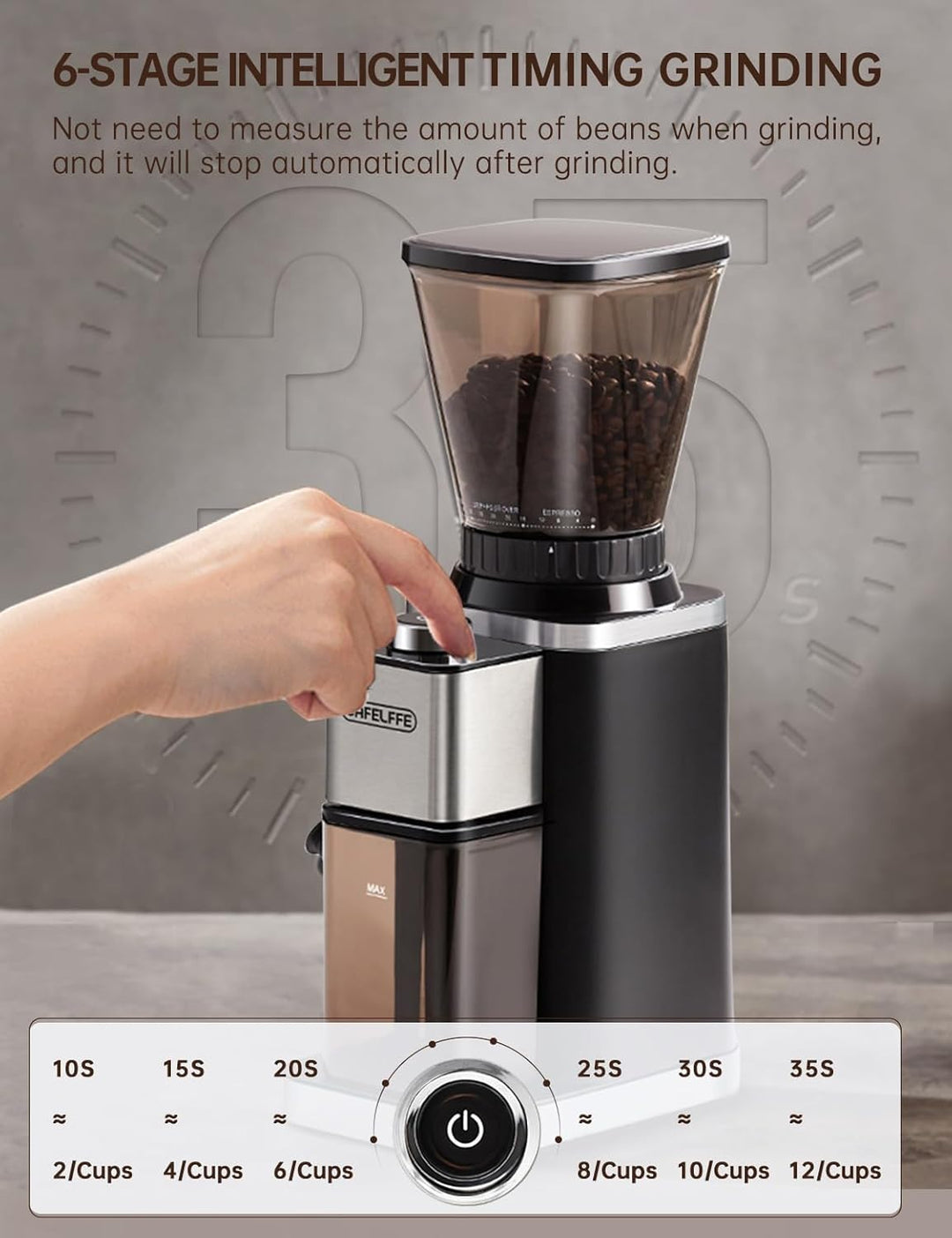 CAFELFFE Elektrische Kaffeemühle für Siebträger und Behälter, 48 einstellbare Mahlstufen mit Antista