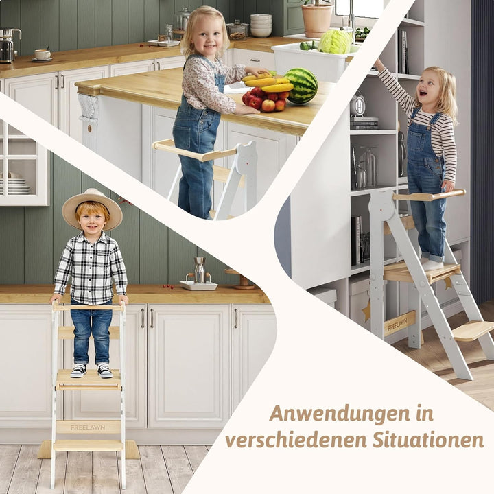 Lernturm Klappbar & 3-Fach Höhenverstellbar - Kippsicherer Learning Tower aus Kiefernholz - Mitwachs