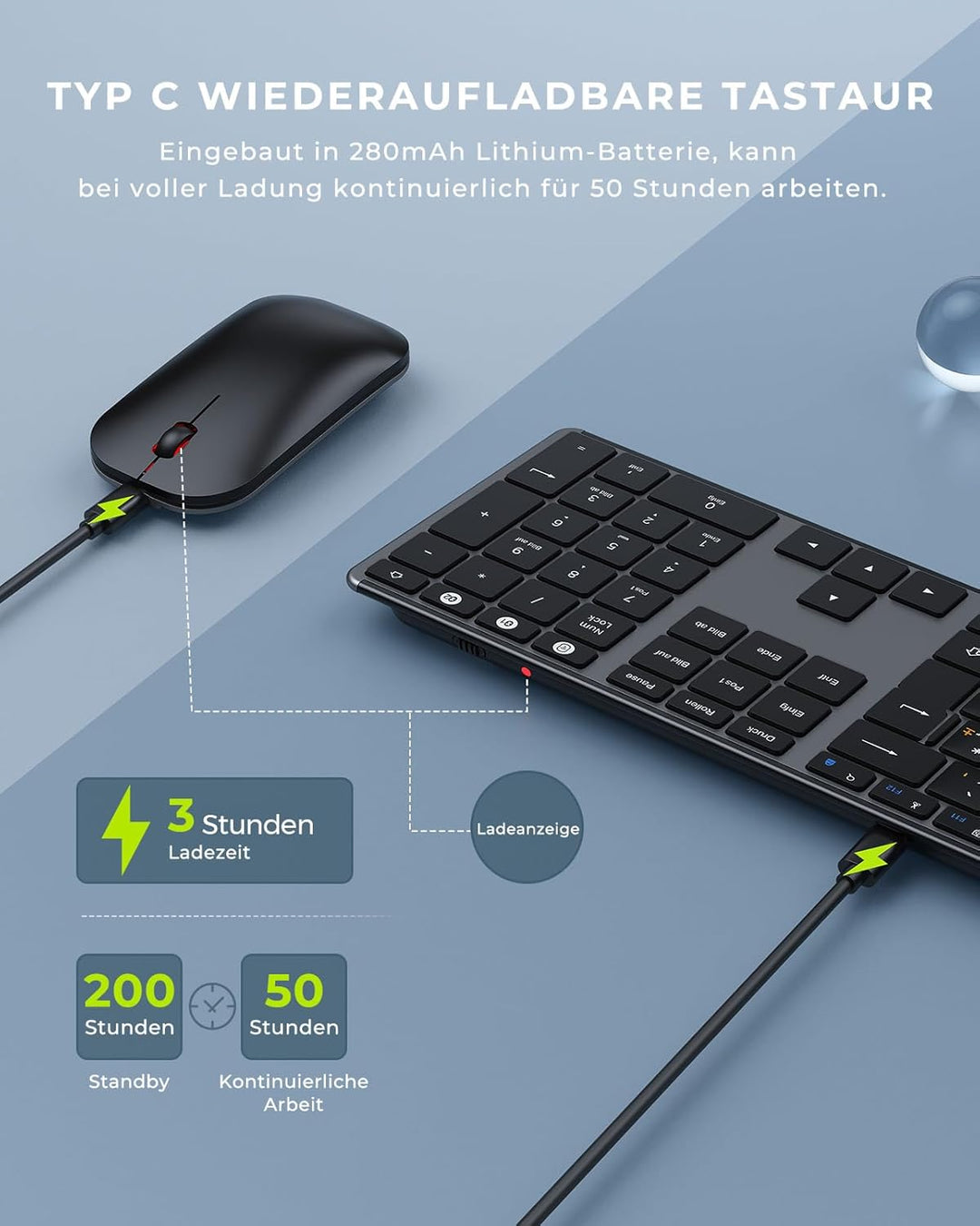 seenda SKM64-3 Bluetooth Tastatur mit Maus, Wiederaufladbare Dualmodus USB & Bluetooth Tastatur aus