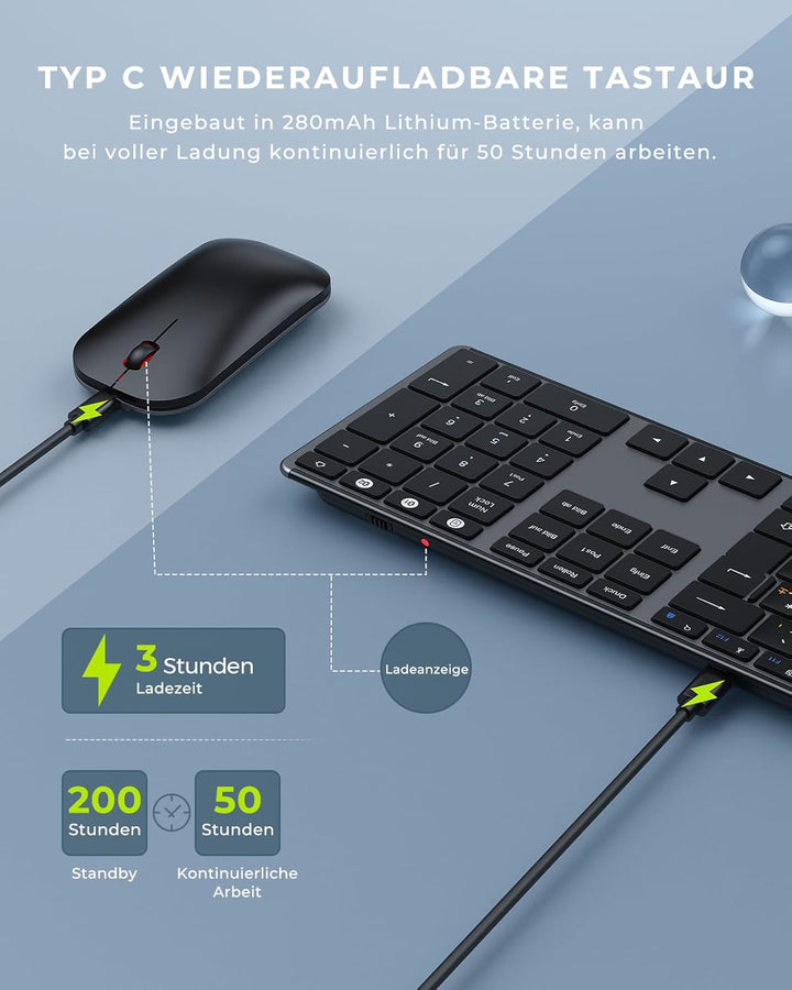 seenda SKM64-3 Bluetooth Tastatur mit Maus, Wiederaufladbare Dualmodus USB & Bluetooth Tastatur aus