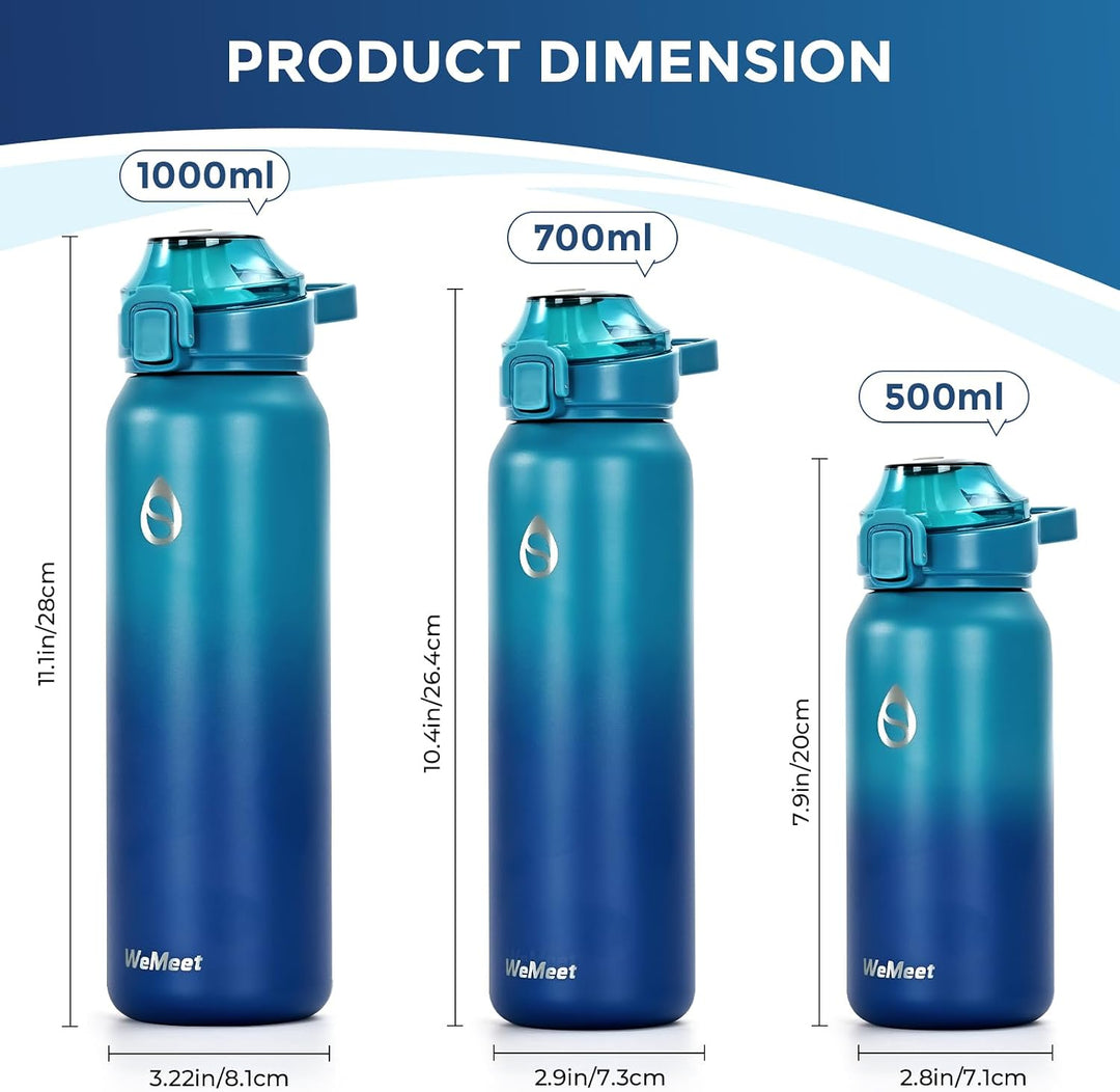 WEMEET 1000ml Thermosflasche Edelstahl, Auslaufsicher Isolierte flasche mit Strohhalm &amp; 2 Deckel, id