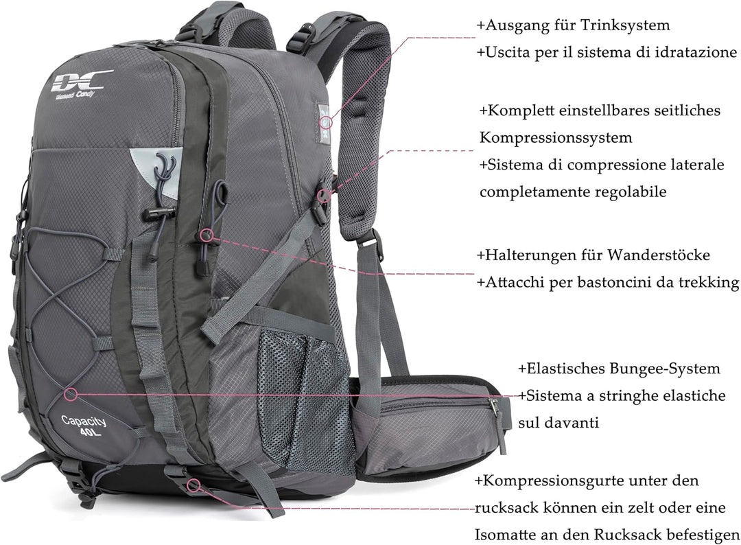 Wanderrucksack 40l Damen Herren Rucksack Wasserdicht Reiserucksack mit Regenschutz Dunkelgrau, Dunke