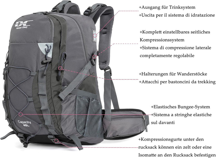 Wanderrucksack 40l Damen Herren Rucksack Wasserdicht Reiserucksack mit Regenschutz Dunkelgrau, Dunke