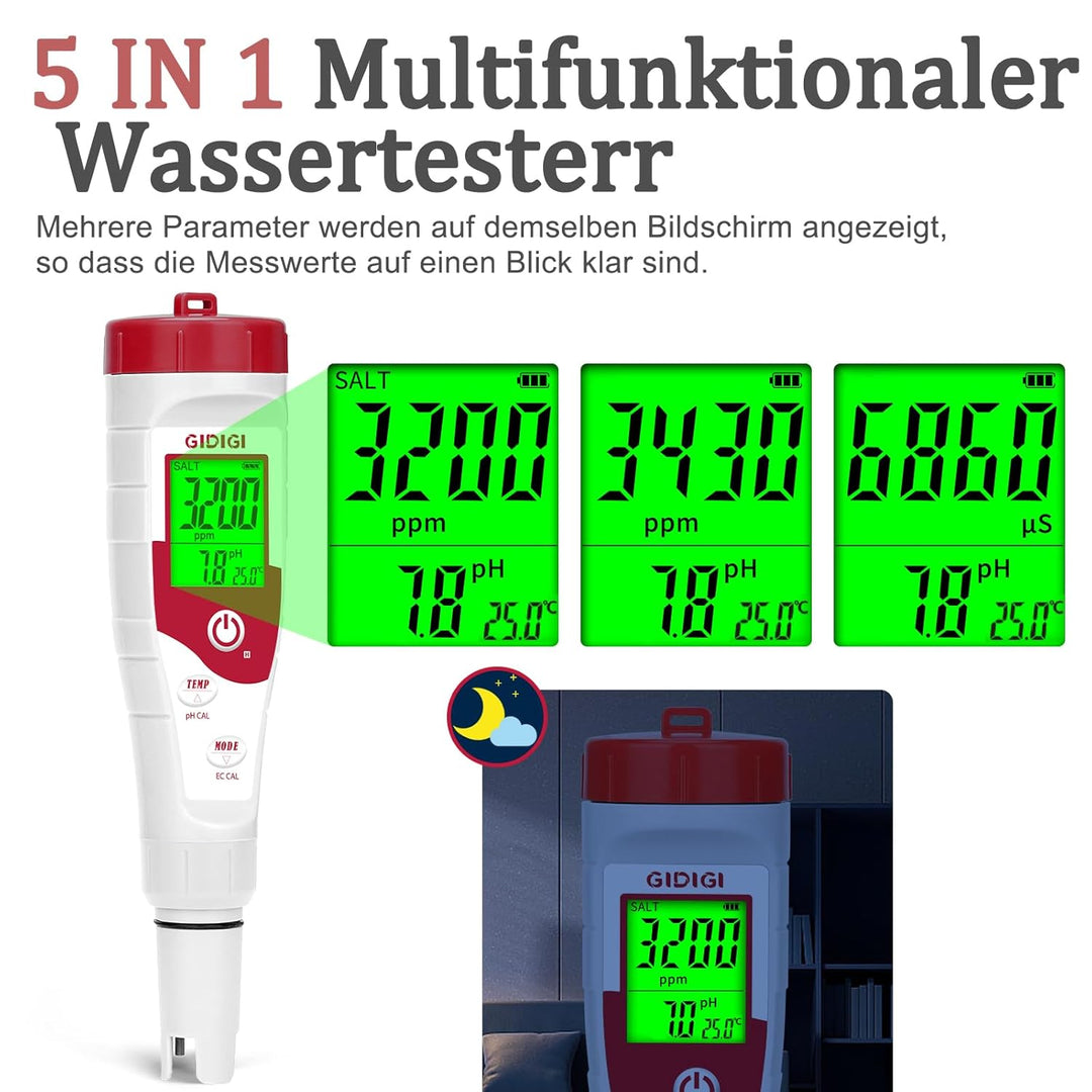 pH Meter Water, Pool Salt Meter, 5-in-1 Salinity Meter with Display of Multiple Parameters for Pool