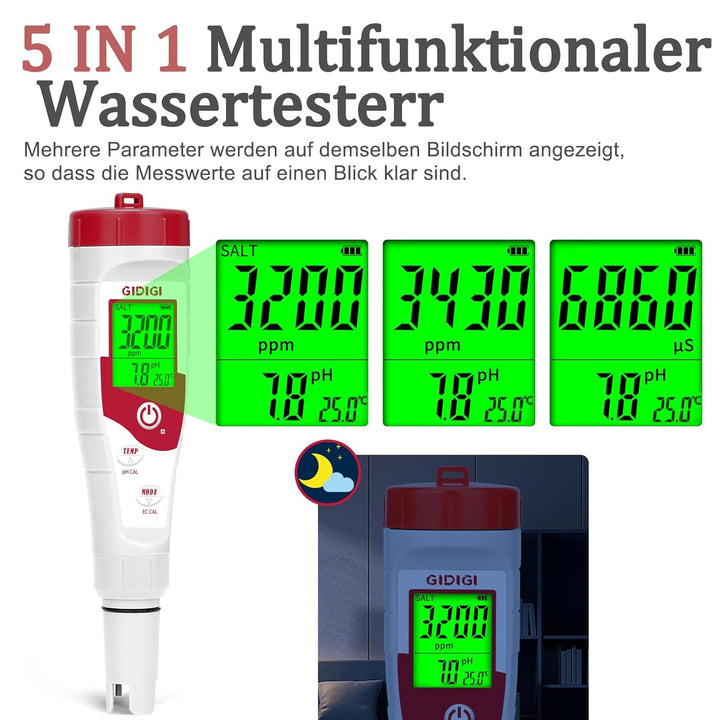pH Meter Water, Pool Salt Meter, 5-in-1 Salinity Meter with Display of Multiple Parameters for Pool