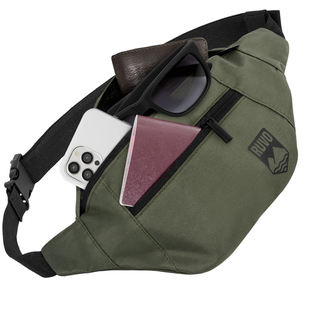 RUVO® Bauchtasche Herren und Damen | stylische Gürteltasche für maximalen Stauraum | 4 Fächer jeweil