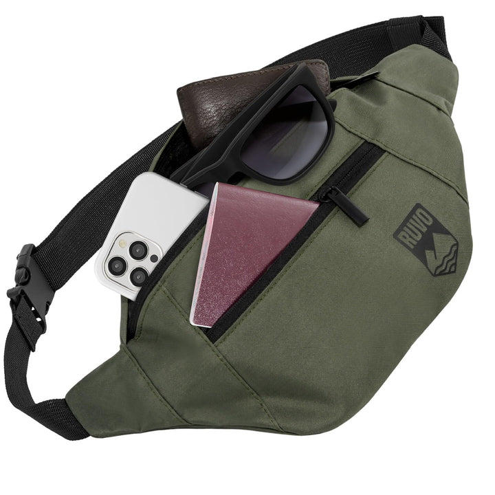 RUVO® Bauchtasche Herren und Damen | stylische Gürteltasche für maximalen Stauraum | 4 Fächer jeweil