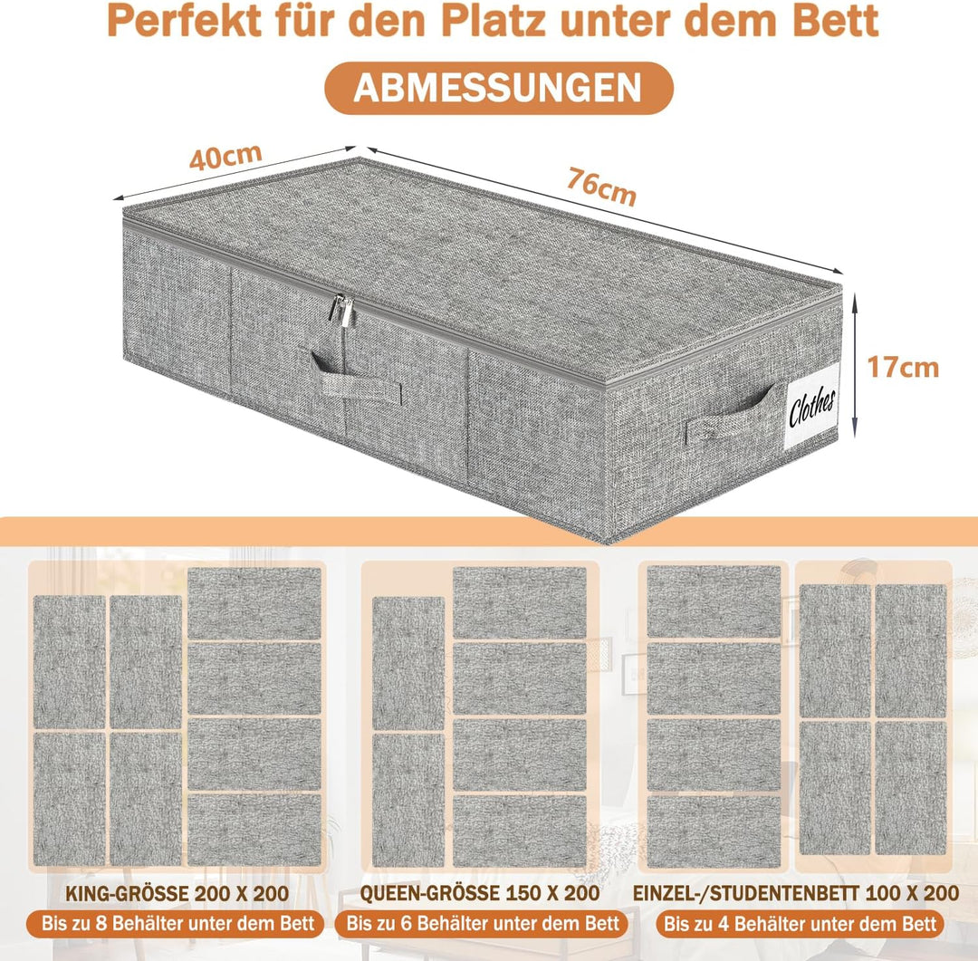 Unterbett Aufbewahrungsbox 17cm mit Deckel, 2 Stück Faltbar 50L Unterbettkommode, Waschbar Kleiderau