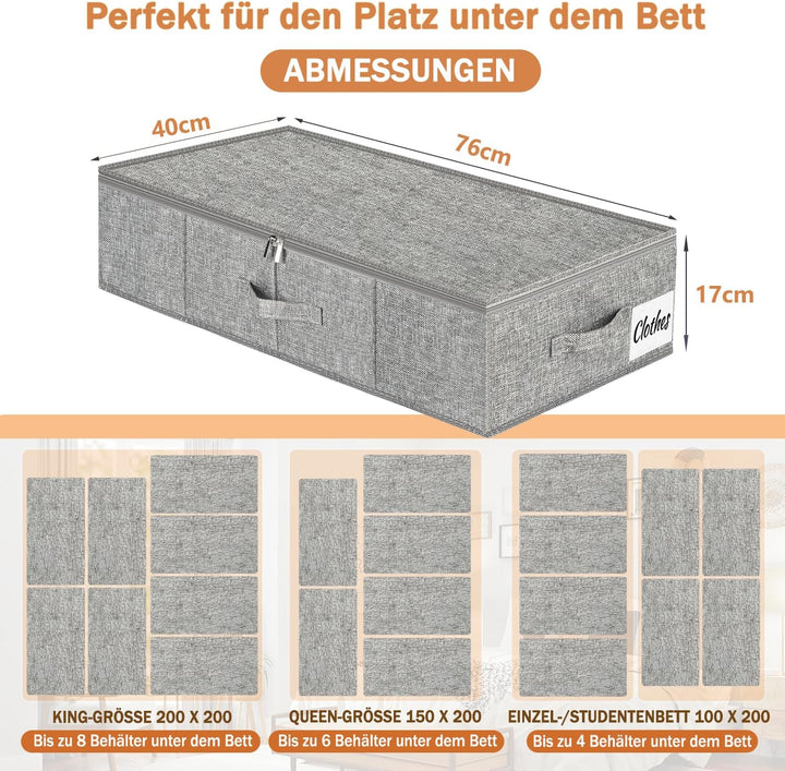 Unterbett Aufbewahrungsbox 17cm mit Deckel, 2 Stück Faltbar 50L Unterbettkommode, Waschbar Kleiderau