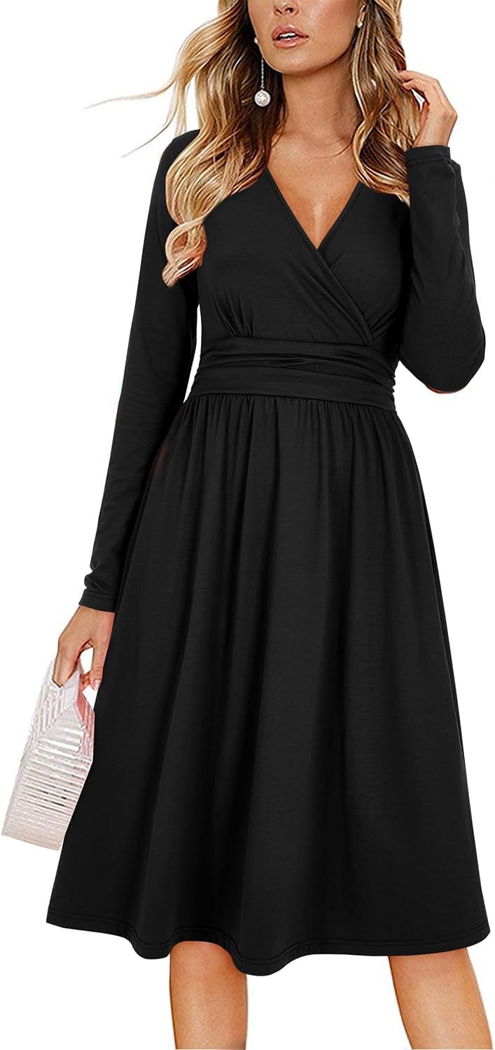OUGES Kleid Damen Kurzarm/Langarm Winterkleid V-Ausschnitt Casual Midi Freizeitkleid mit Taschen S S