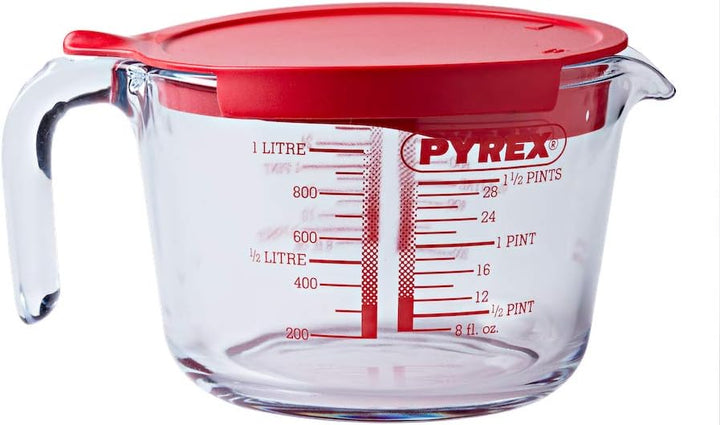Messbecher 1l mit Deckel & Classic Ultrabeständiger Messbecher aus Glas, Transparent, 0,25 l Bundle