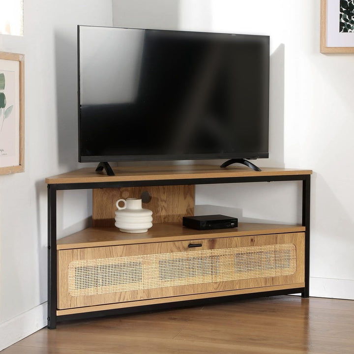 Calicosy - TV-Eckschrank, 1 Klapptür, Geflecht aus Rattan, Holzdekor, Spanplatten, Metallfüsse, Wohn