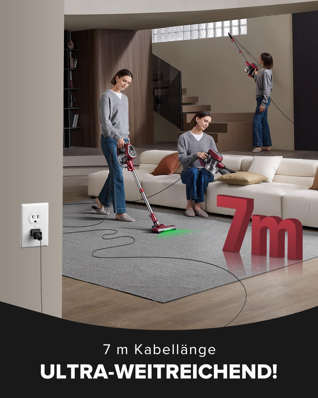 Vexilar Kabelstaubsauger 600W/60kPa, 6-in-1 Staubsauger mit Grüner LED, Anti-Verlauf-Bürste, 7 m Kab