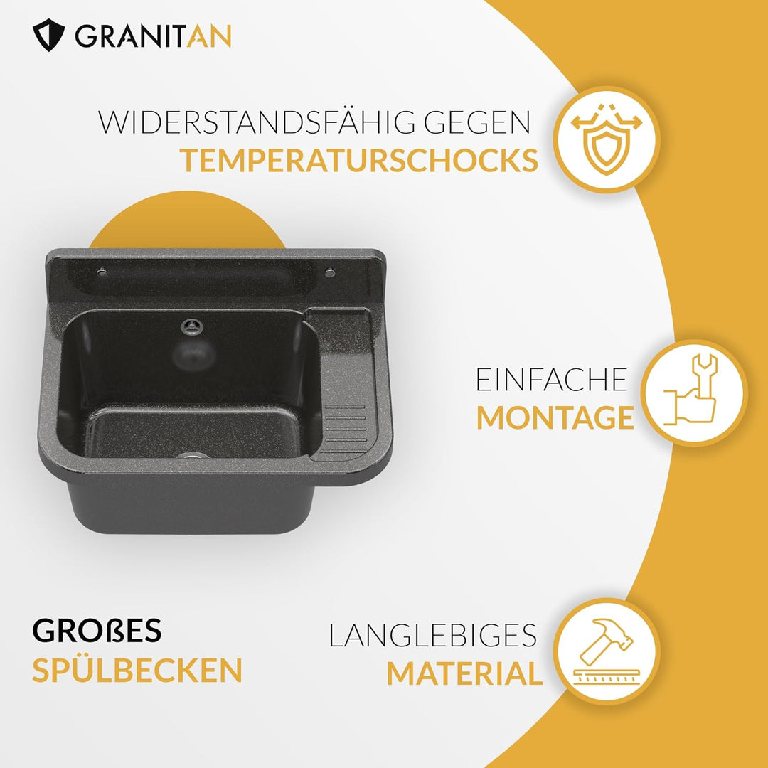 Granitan Ausgussbecken für Garage Keller Werkstatt und Waschküche - Universal Waschtrog mit Siphon -