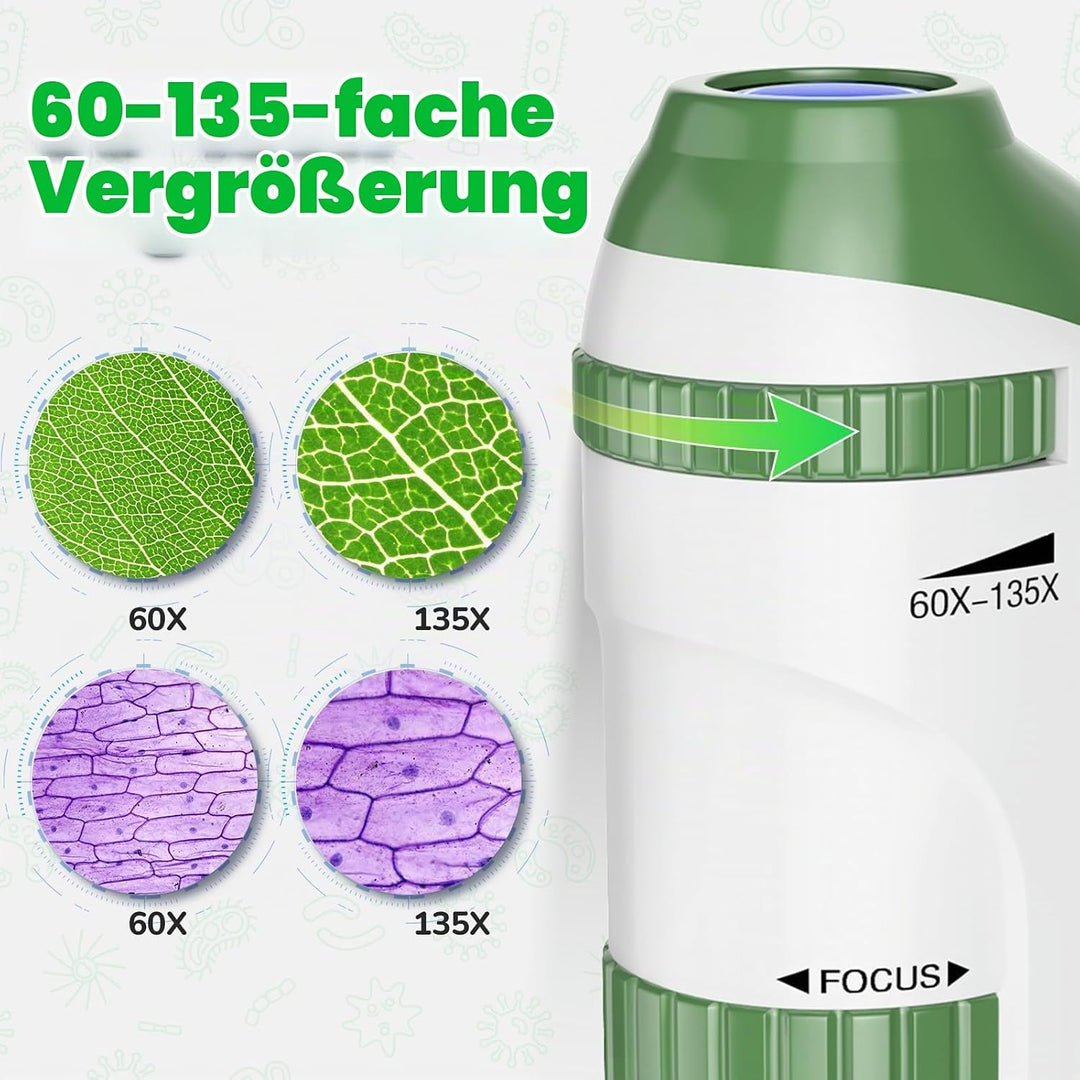 Mini Mikroskop für Kinder mit Objektträger Set: 60x-135x LED Taschenmikroskop Tragbares Handmikrosko
