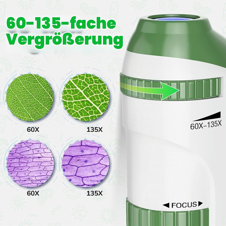 Mini Mikroskop für Kinder mit Objektträger Set: 60x-135x LED Taschenmikroskop Tragbares Handmikrosko