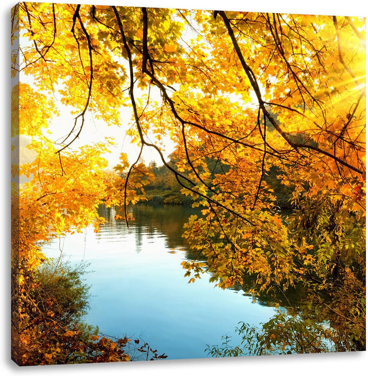 Pixxprint Landschaft mit See und Bäumen, Format: 70x70 auf Leinwand, 70x70