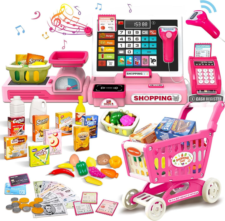 HILKKET Kasse Kinder Spielzeug, Kinderkasse mit Scanner, Sound, Rechnerfunktion, Spielgeld und Zubeh