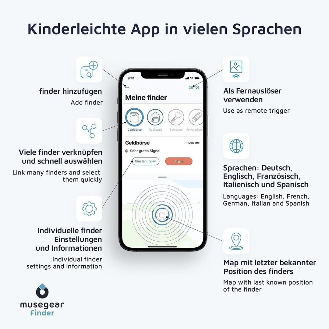 musegear Schlüsselfinder mit Bluetooth App aus Deutschland in edler Kork-Tasche I Finder dunkelblau