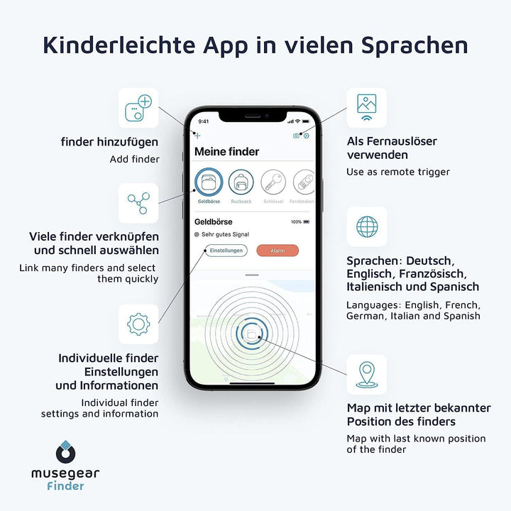 musegear Schlüsselfinder mit Bluetooth App aus Deutschland in edler Kork-Tasche I Finder dunkelblau