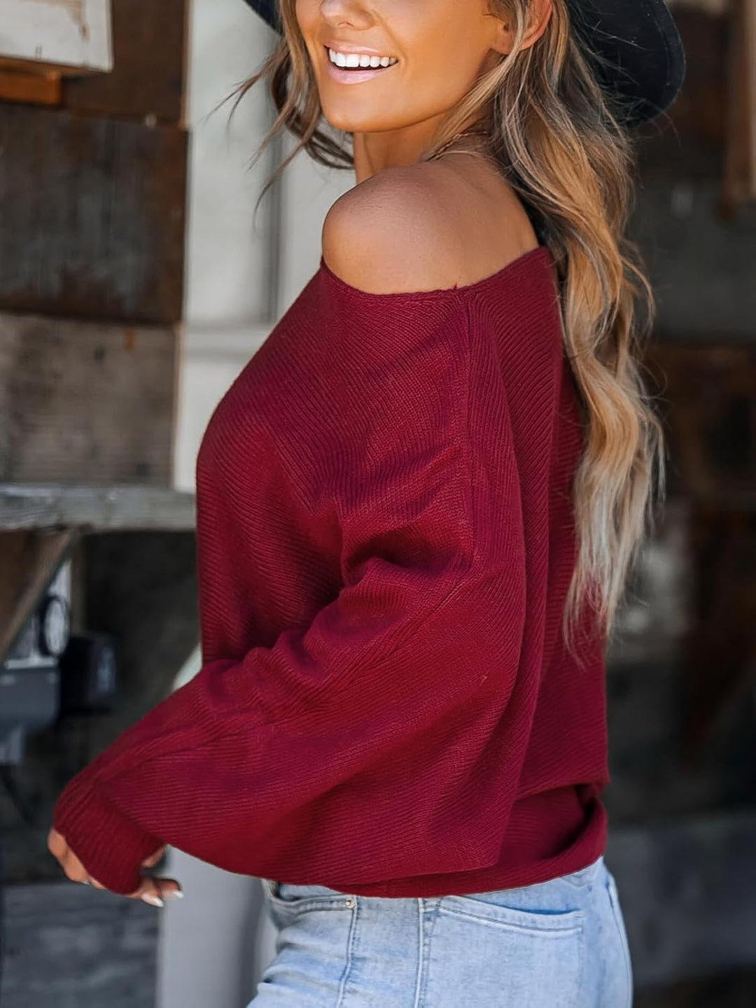 CUPSHE Damen Strickpullover One Shoulder Fledermausärmel Feinstrick Schulterfreier Pulli Oberteile T