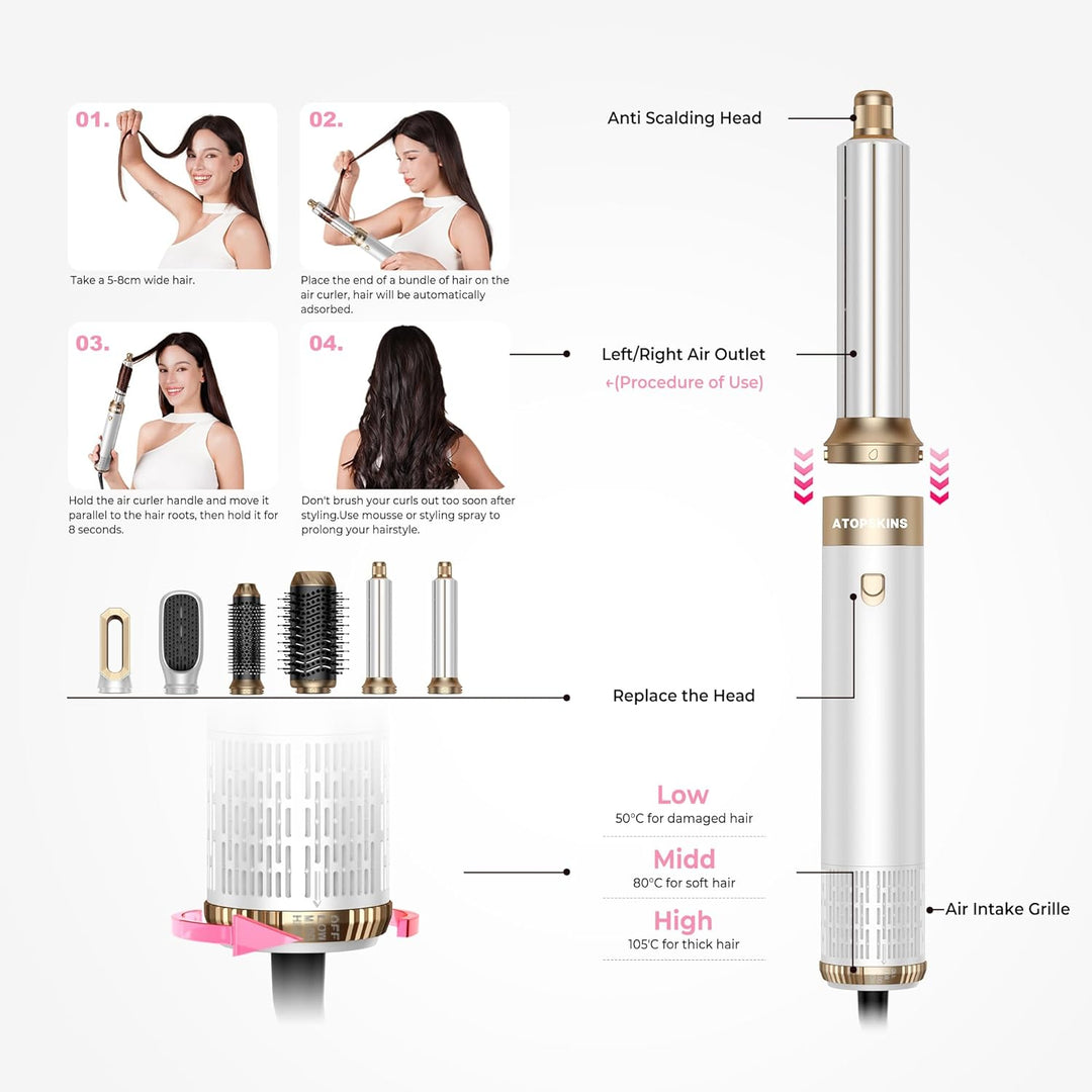 Atopskins Airbrush Haarstyler 6 in 1 Hair Styler Air Styler set mit 1000W Rundbürste, Warmluftbürste