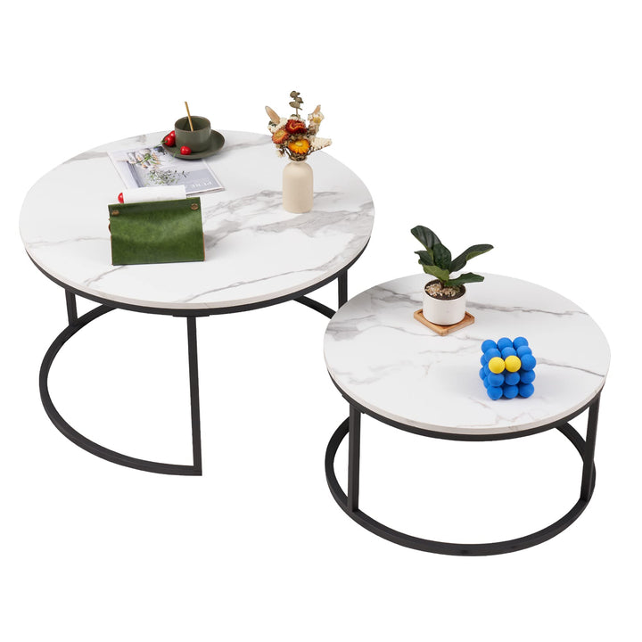 Soayone Couchtisch Rund 2er Set, Weiss Marmor Couchtisch mit Schwarz Metallgestell, Beistelltisch Ru