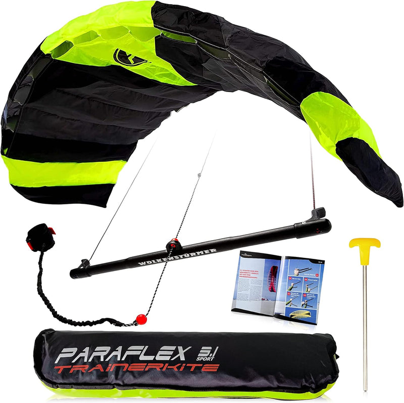 Wolkenstürmer® Paraflex Trainer 3-Leiner Lenkmatte 3.1 Neongrün - „Ready to Fly“ Kite Drachen inkl.