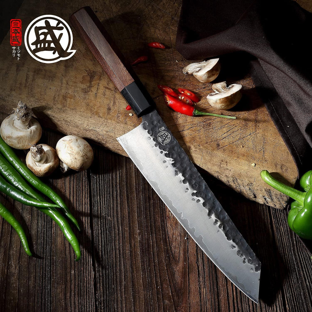 MITSUMOTO SAKARI 23 cm Japanisches Kochmesser, Kiritsuke Küchenmesser Profi Stahl mit Hohem Kohlenst