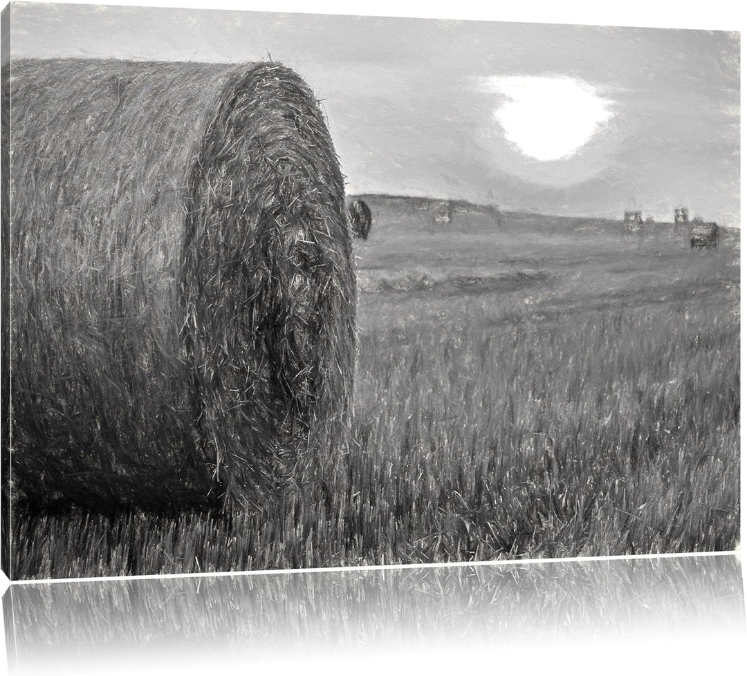 Pixxprint Strohballen auf Feld als Leinwandbild/Grösse: 100x70 / Wandbild/Kunstdruck/fertig bespannt