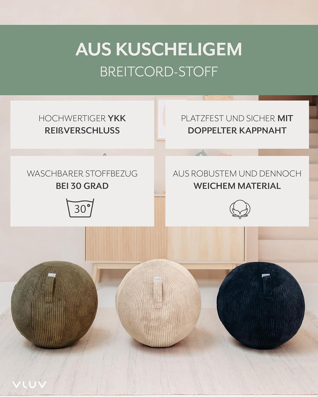 VLUV® BOL VLIP Sitzball Büro Ergonomisch [Atmungsaktiv mit Tragegriff und Wegrollschutz] Waschbarer