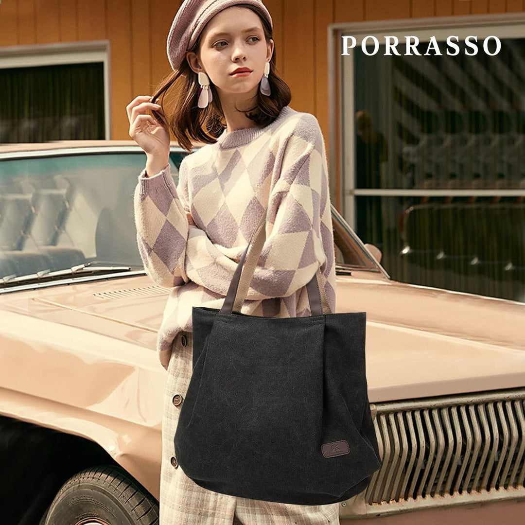 PORRASSO Grosse Schultertasche Canvas Hobo Taschen Damen Handtasche Fraue Shopper Tote Henkeltasche