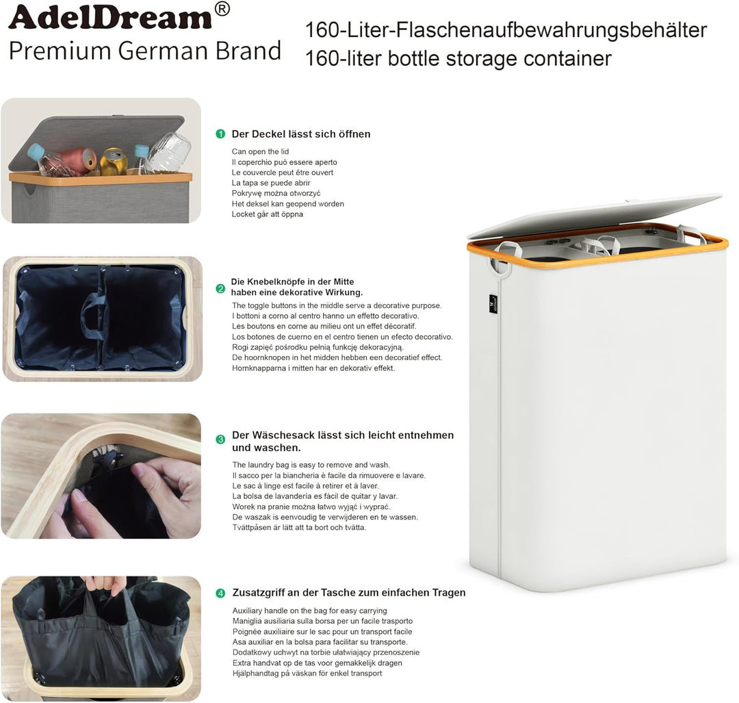 AdelDream 160L Wäschekorb mit Deckel 2 Fächer Wäschekorb Wäschesack schmal Wäschesortierer Wäschebox