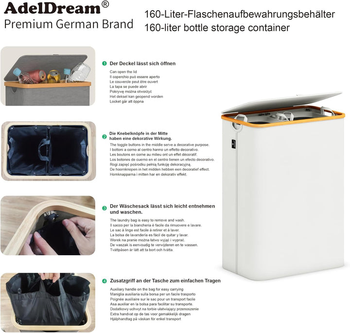 AdelDream 160L Wäschekorb mit Deckel 2 Fächer Wäschekorb Wäschesack schmal Wäschesortierer Wäschebox